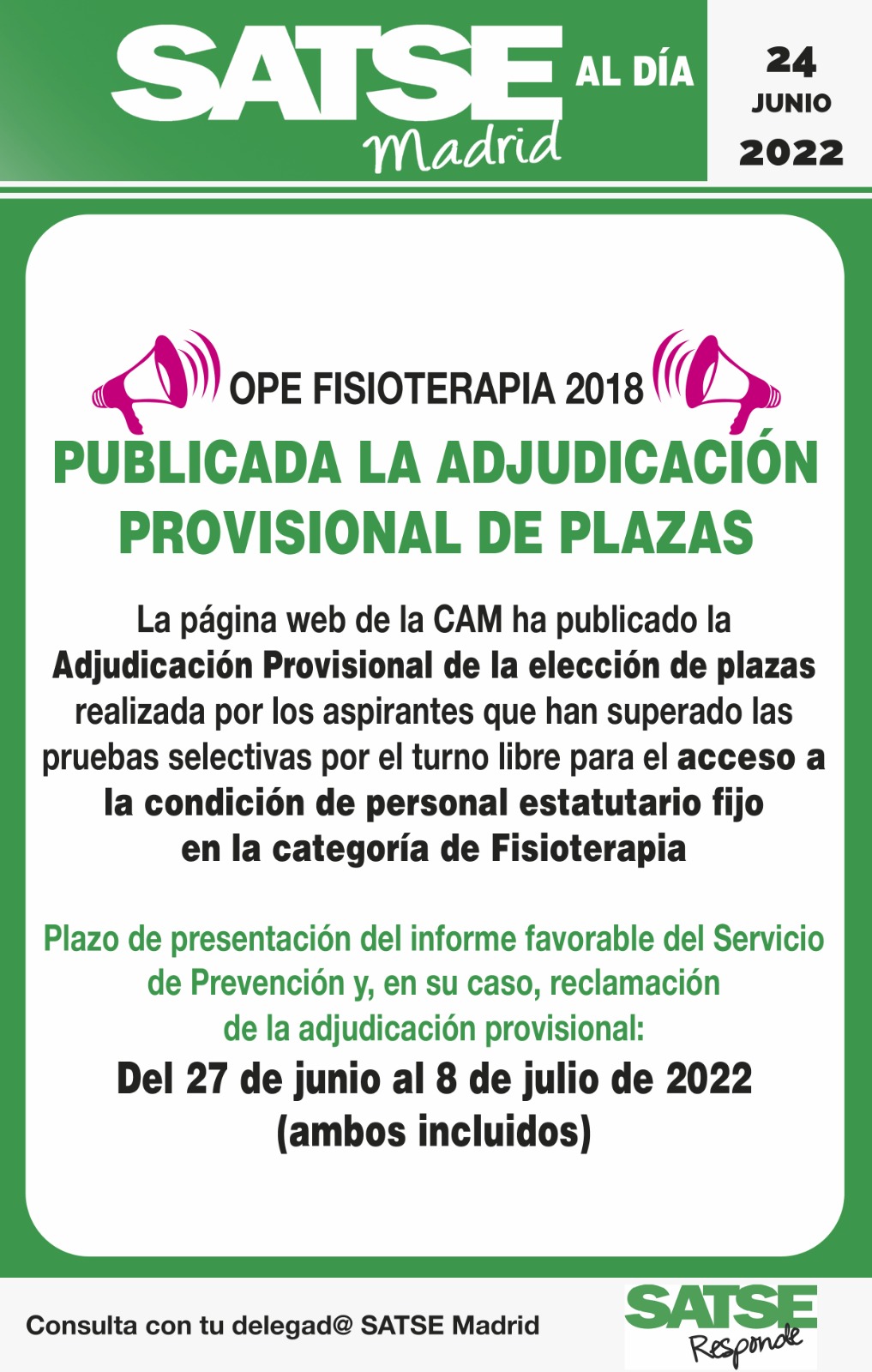 Adjudicación provisional plazas OPE fisioterapia 2018