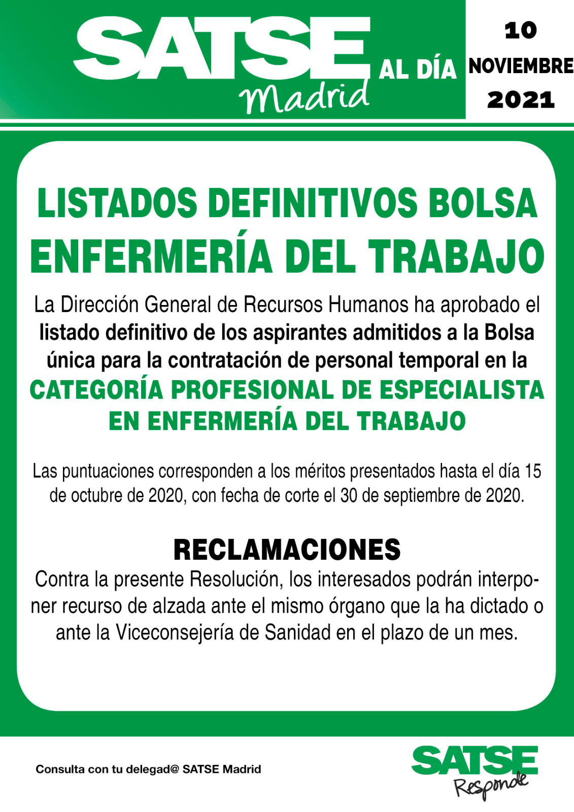 Bolsa única enfermería del trabajo 2021