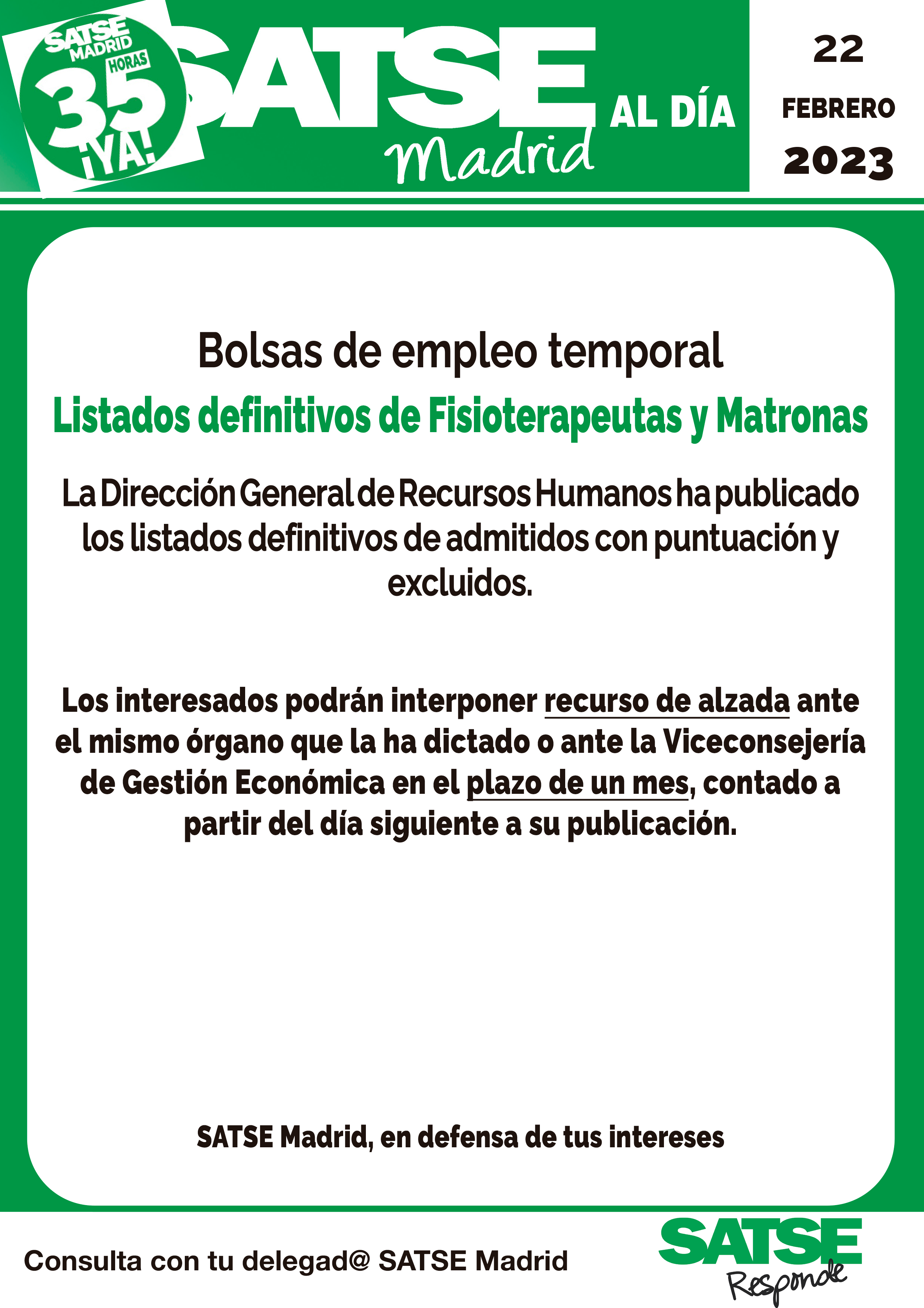 SATSE Inf listados bolsas matronas y fisios
