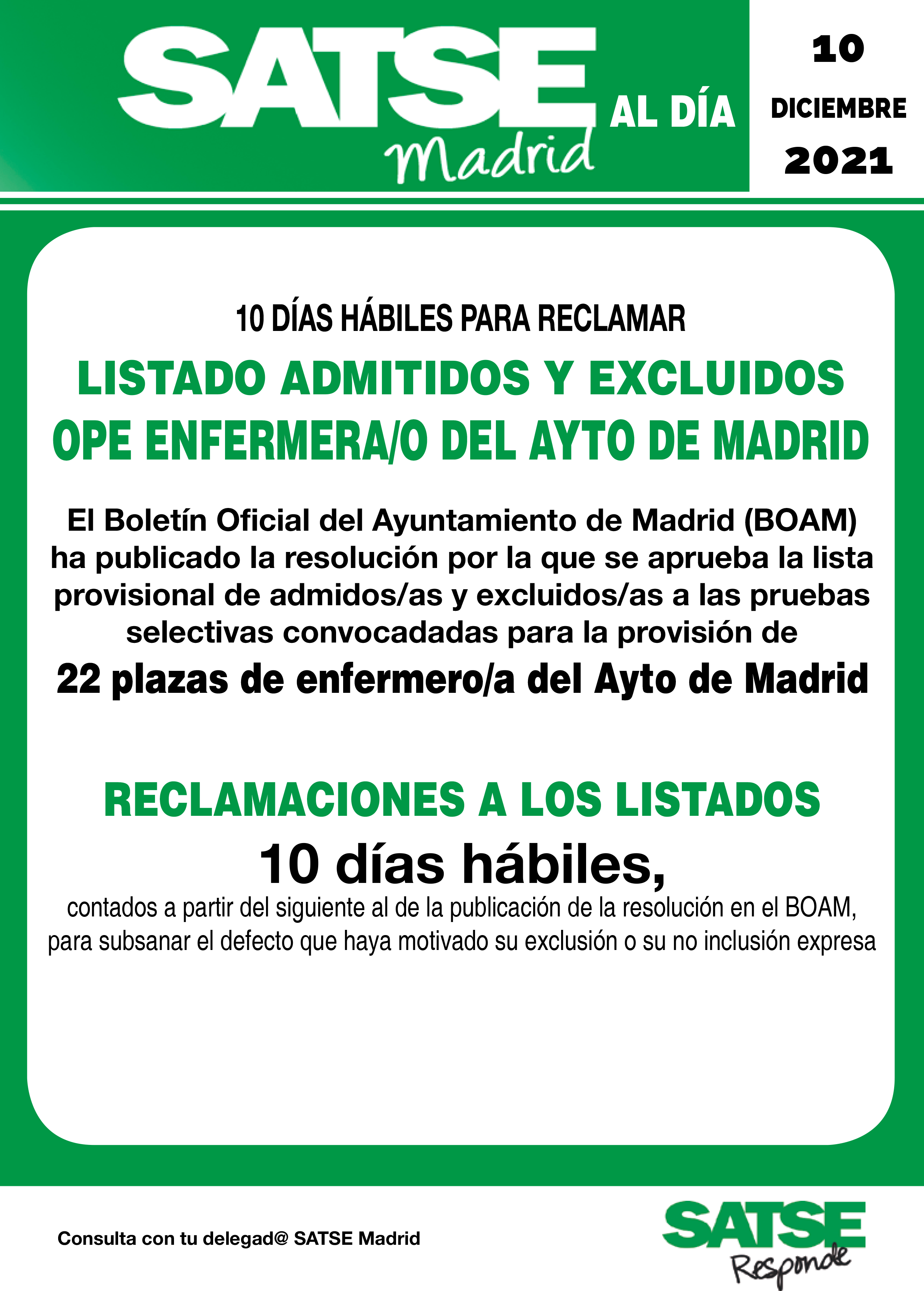 SATSE Inf Listados provisionales OPE Ayuntamiento Madrid 22 plazas enfermera-o